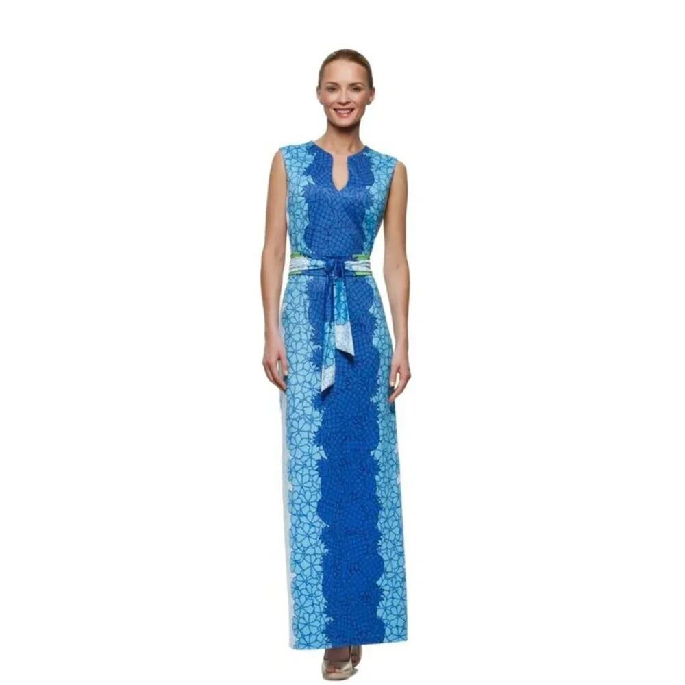 Rulon Reed Maxi Dress M Blue Green Pineapple Hibiscus Belt Beach Resort